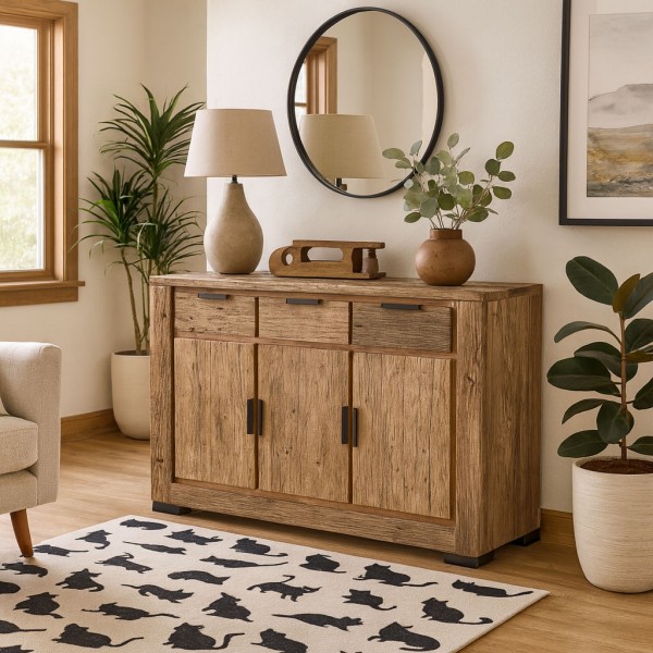 Vista ambientata Madia moderna in legno di Deriva con 3 ante e 3 cassetti modello Duna Totò Piccinni