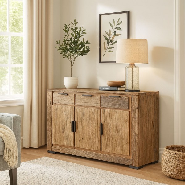 Vista ambientata Madia moderna in legno di Deriva con 3 ante e 3 cassetti modello Duna Totò Piccinni