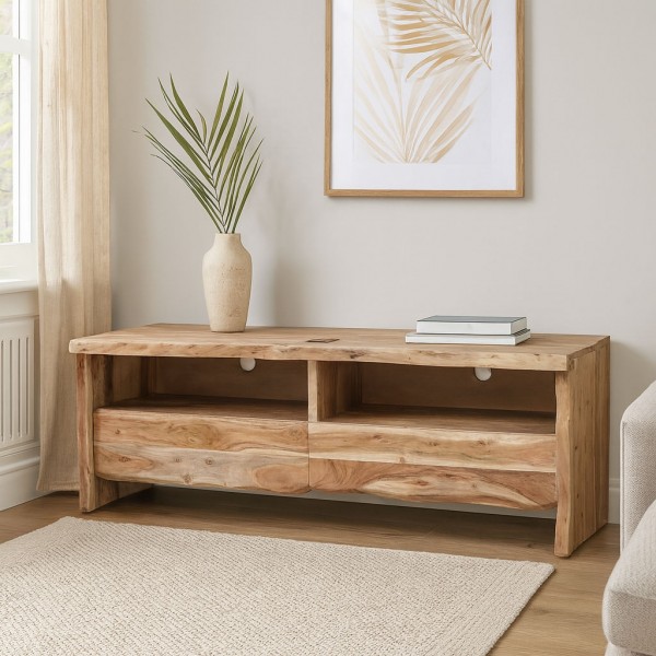 Vista ambientata Mobile Porta tv in legno D'Acacia con 2 cassetti modello Savana Totò Piccinni