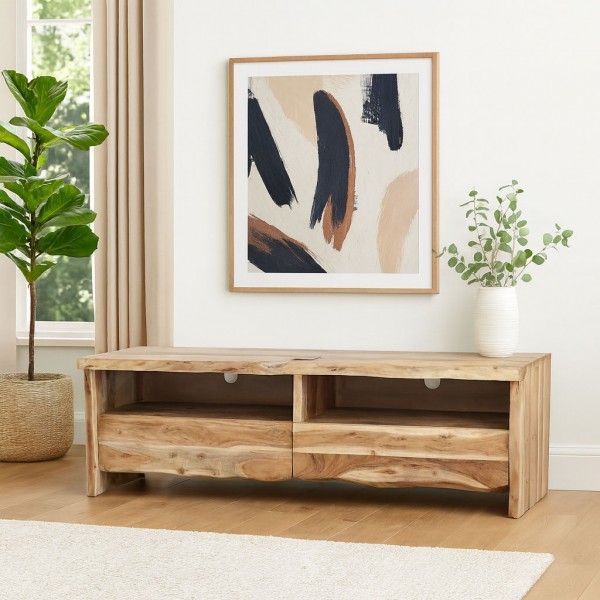 Vista ambientata Mobile Porta tv in legno D'Acacia con 2 cassetti modello Savana Totò Piccinni