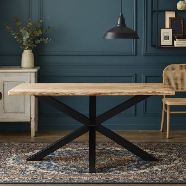 Vista ambientata Tavolo da pranzo in legno D'Acacia con gambe in ferro modello Savana Totò Piccinni