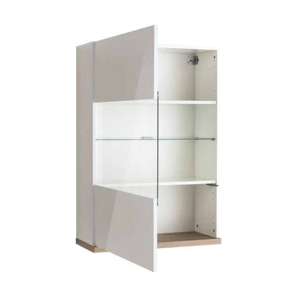 Vista diagonale Pensile contenitore in legno colore "Bianco Laccato/Rovere Miele" con 1 anta in vetro modello Orbis Totò Piccinni