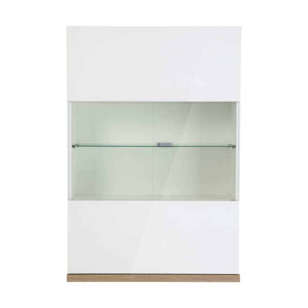 Vista frontale Pensile da muro in legno colore "Bianco Laccato/Rovere Miele" con 1 anta in vetro modello Orbis Totò Piccinni