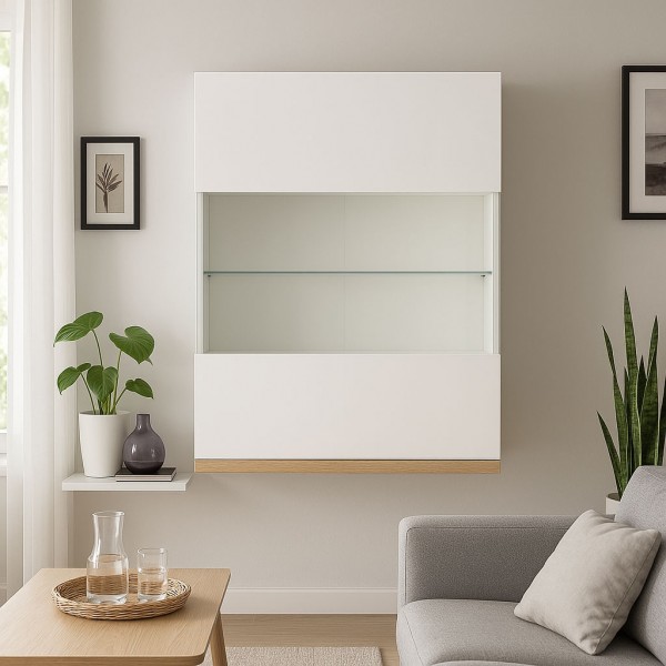 Vista ambientata Pensile sospeso in legno colore "Bianco Laccato/Rovere Miele" con 1 anta in vetro modello Orbis Totò Piccinni