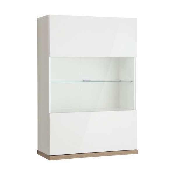 Vista diagonale Pensile sospeso in legno colore "Bianco Laccato/Rovere Miele" con 1 anta in vetro modello Orbis Totò Piccinni
