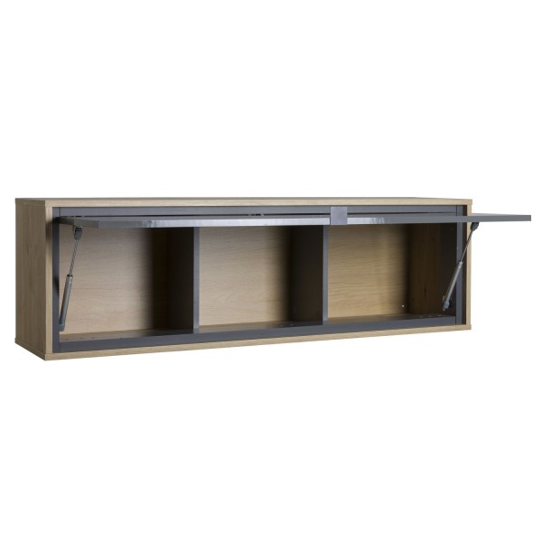 Vista diagonale con anta aperta Pensile sospeso in legno colore "Grigio Titanio/Rovere Miele" con 1 ribalta modello Lumen Totò Piccinni