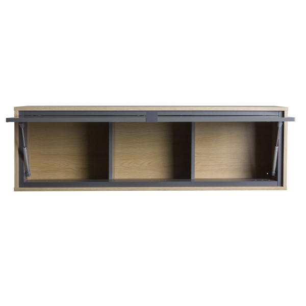 Vista frontale con anta aperta Pensile da muro in legno colore "Grigio Titanio/Rovere Miele" con 1 ribalta modello Lumen Totò Piccinni