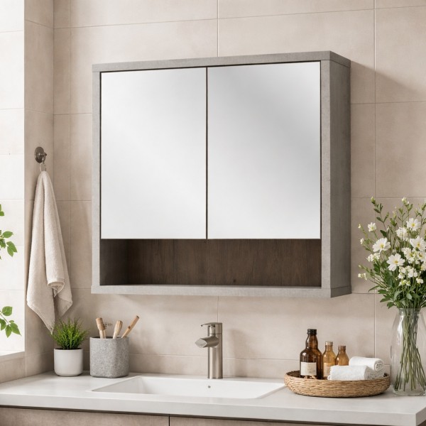 Vista ambientata Specchiera in legno pensile mobile bagno colore "rovere invecchiato/grigio" modello Sylva Totò Piccinni