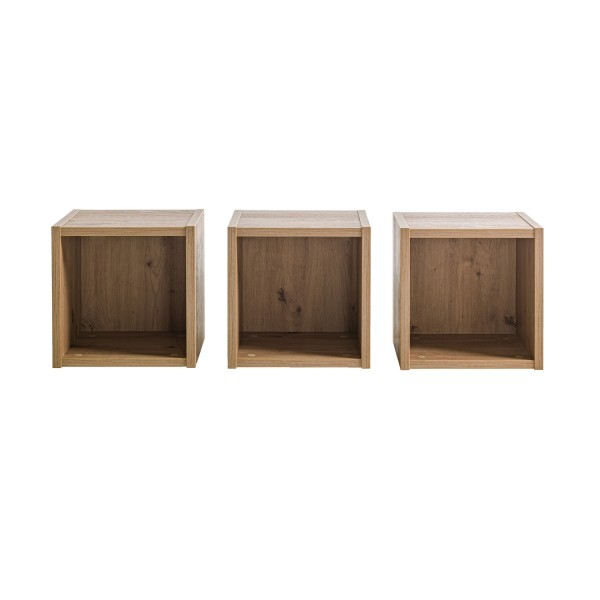 Vista frontale Pensile a giorno in legno colore Rovere Miele 3 cubi modello Kroma Totò Piccinni