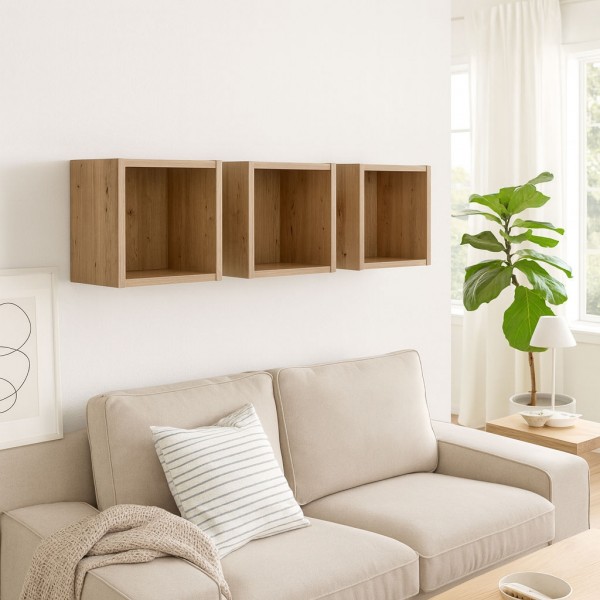 Vista ambientata Pensile da salotto in legno colore Rovere Miele 3 cubi modello Kroma Totò Piccinni