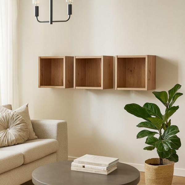 Vista ambientata Pensile da salotto in legno colore Rovere Miele 3 cubi modello Kroma Totò Piccinni
