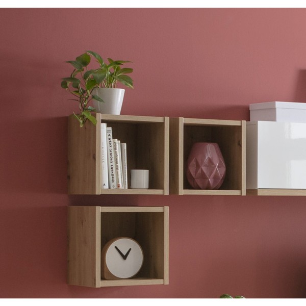 Vista ambientata Pensile soggiorno in legno colore Rovere Miele 3 cubi modello Kroma Totò Piccinni