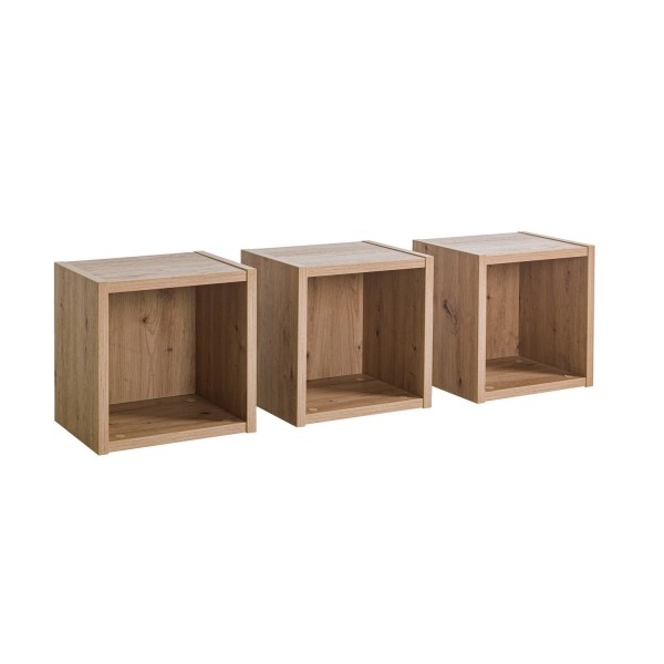 Vista diagonale Pensile da salotto in legno colore Rovere Miele 3 cubi modello Kroma Totò Piccinni