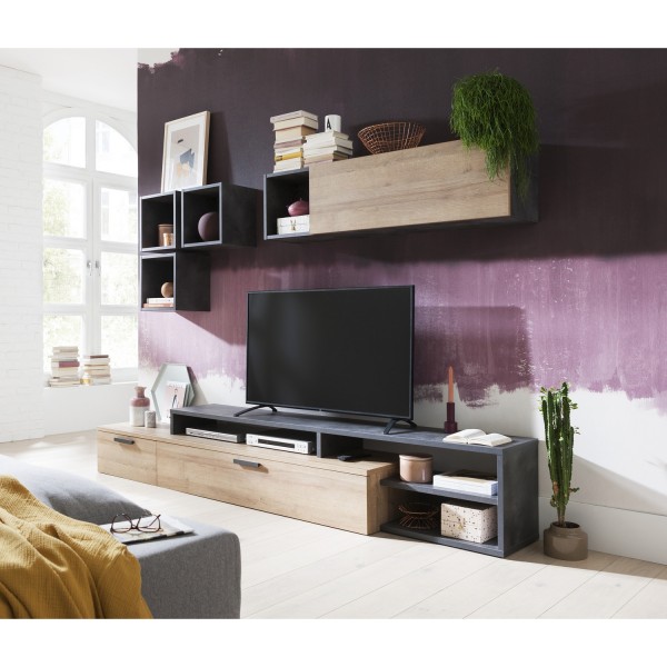 Vista ambientata Pensile soggiorno in legno colore "Rovere/Grigio Antracite" 1 anta e 1 vano modello Nova Totò Piccinni
