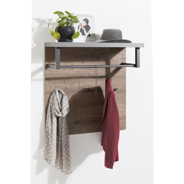 Vista frontale Appendiabiti moderno in legno colore "Cemento/Rovere Invecchiato" con 3 ganci modello Sylva Totò Piccinni
