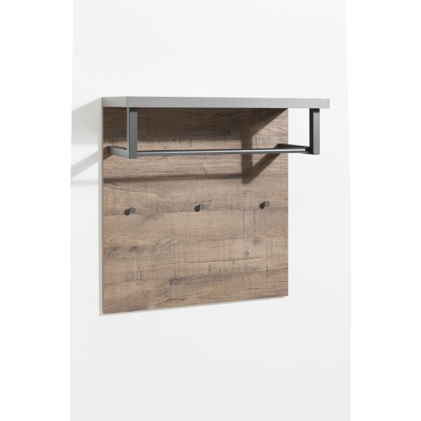 Vista diagonale Appendiabiti da parete in legno colore "Cemento/Rovere Invecchiato" con 3 ganci modello Sylva Totò Piccinni