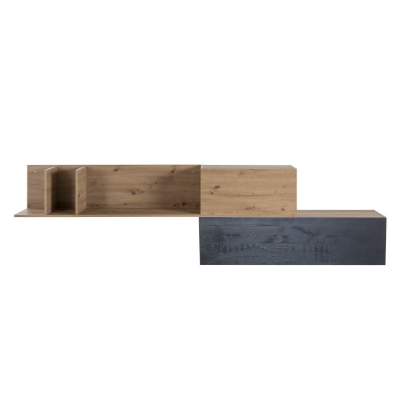 Vista frontale Pensile soggiorno Pensile in legno colore "Rovere Miele/Nero Chalet" con 3 vani e 3 ribalte modello Kroma Totò Piccinni