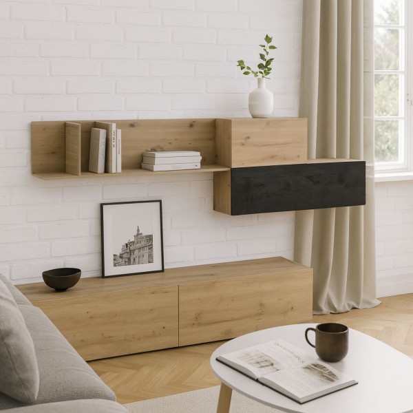 Vista ambientata Pensile in legno colore "Rovere Miele/Nero Chalet" con 3 vani e 3 ribalte modello Kroma Totò Piccinni