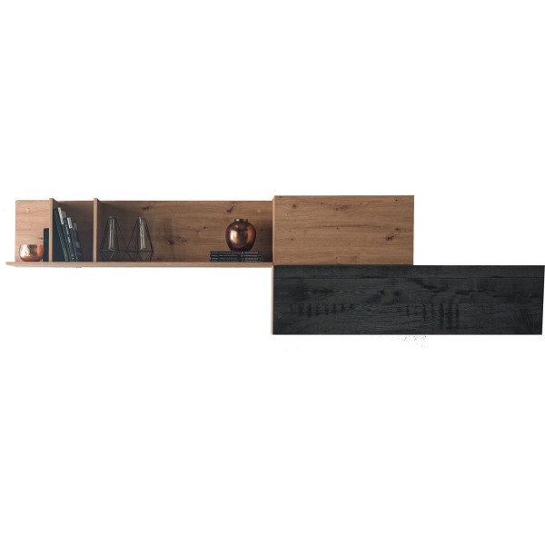 Vista frontale con ante aperte Pensile Pensile in legno colore "Rovere Miele/Nero Chalet" con 3 vani e 3 ribalte modello Kroma Totò Piccinni