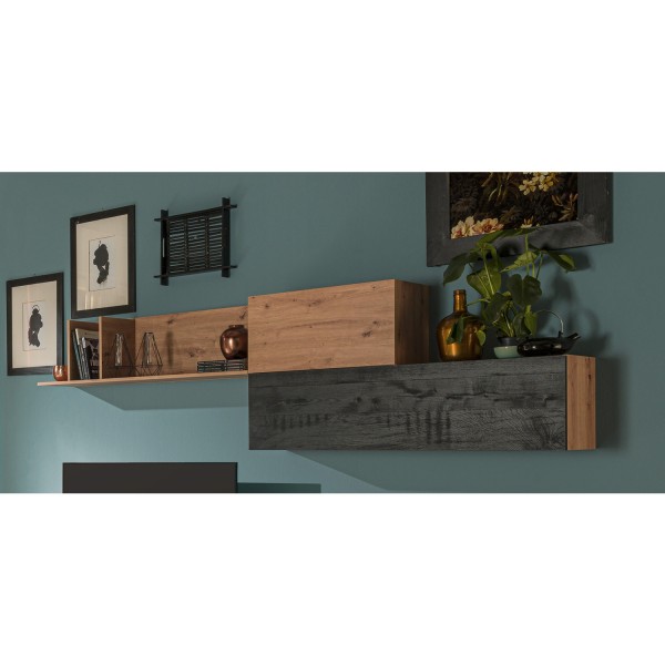 Vista ambientata Pensile a muro Pensile in legno colore "Rovere Miele/Nero Chalet" con 3 vani e 3 ribalte modello Kroma Totò Piccinni