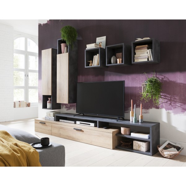 Vista ambientata Pensile soggiorno in legno colore "Grigio Antracite" 3 cubi modello Nova Totò Piccinni