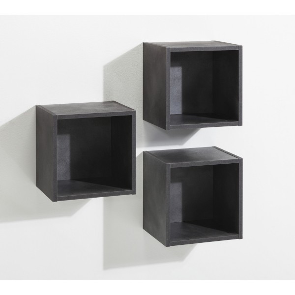 Vista diagonale Pensile da parete in legno colore "Grigio Antracite" 3 cubi modello Nova Totò Piccinni