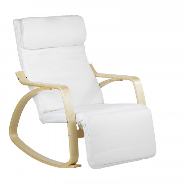 poltroncina a dondolo in tessuto imbottita con struttura in legno