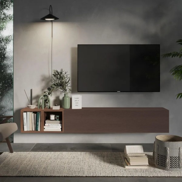 porta tv sospeso 194x29x28h con pensile a ribalta e coppia di cubi modello Modula Totò Piccinni