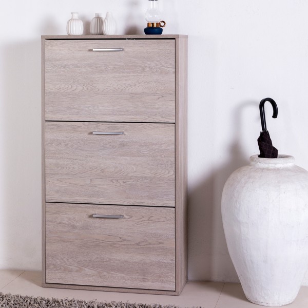 Vista ambientata scarpiera in legno con 3 ante colore "rovere gessato" modello Flux Totò Piccinni