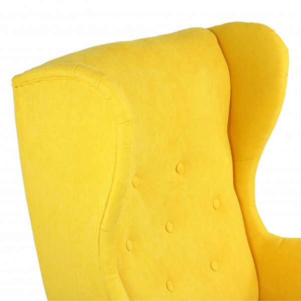 dettaglio ampio schienale a padiglione imbottito della poltrona Lilibet di Totò Piccinni in tessuto poliestere giallo