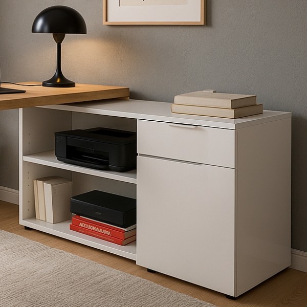 Dettaglio Vista ambientata Scrivania ad angolo colore "Bianco Laccato/Rovere Artisan" in legno con 1 cassetto e 1 anta modello Apex Totò Piccinni