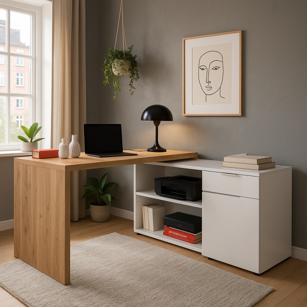 Vista diagonale ambientata con cassetto aperto Scrivania ad angolo colore "Bianco Laccato/Rovere Artisan" in legno con 1 cassetto e 1 anta modello Apex Totò Piccinni