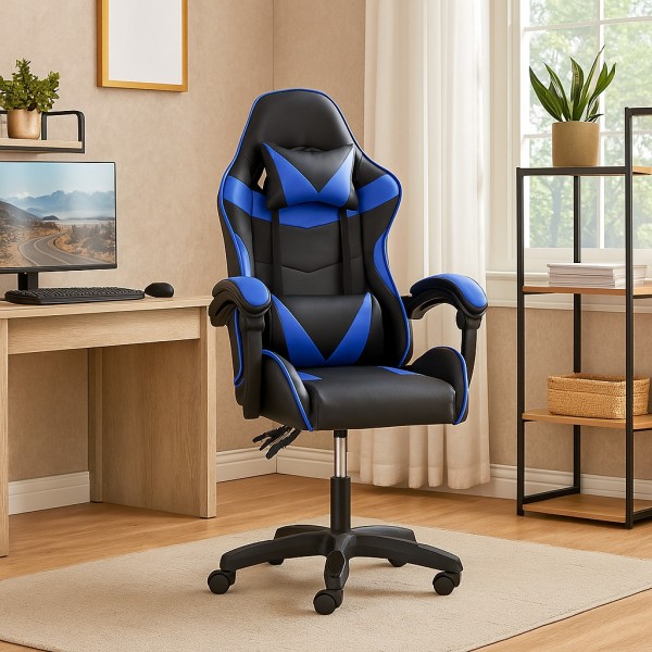 Giantex Poltrona Reclinabile Da Gaming – Stile Racing In Pelle PU Blu Con Massaggio Lombare, Poggiapiedi E Schienale Regolabile 90°-160° - 2