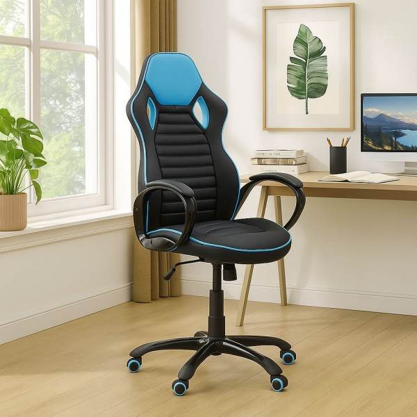Vista ambientata Sedia gaming in Similpelle colore "Nero/Azzurro" girevole con rotelle e poggiatesta modello Racing Totò Piccinni