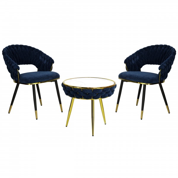  set tavolino e 2 poltroncine vellutato imbottito con finitura in oro