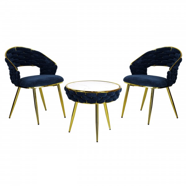 set tavolino 2 poltrone da interno vellutato imbottito con finitura in oro