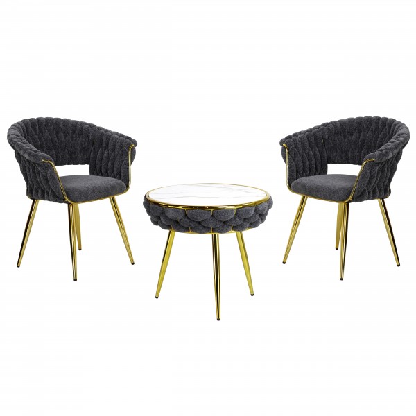  set tavolino e 2 poltroncine vellutato imbottito con finitura in oro