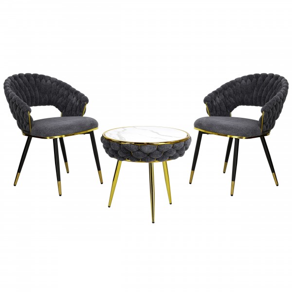 set da salotto tavolino 2 poltrone vellutato imbottito con finitura in oro