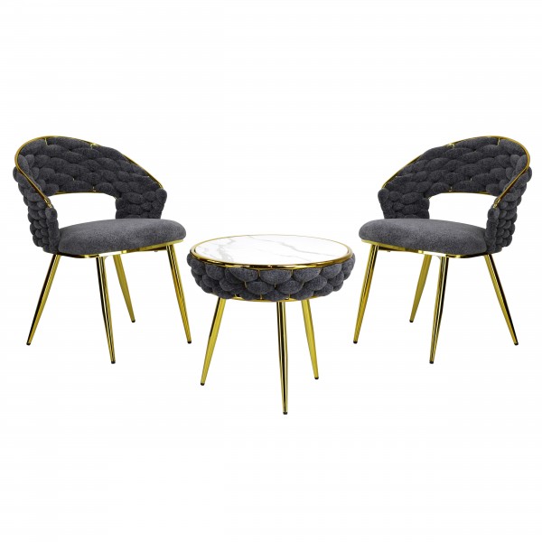 set da salotto tavolino 2 poltrone vellutato imbottito con finitura in oro