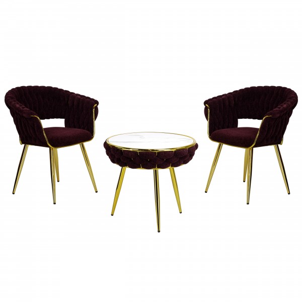 set tavolino e due poltrone vellutato imbottito con finitura in oro