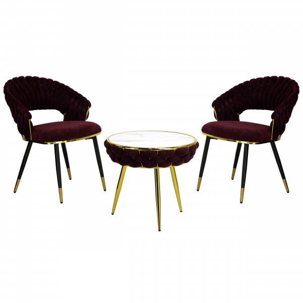 set tavolino 2 poltrone da interno vellutato imbottito con finitura in oro