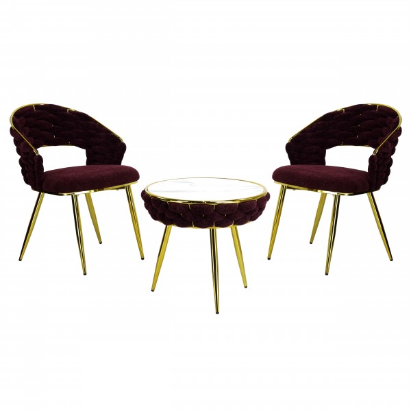 set tavolino e due poltrone vellutato imbottito con finitura in oro