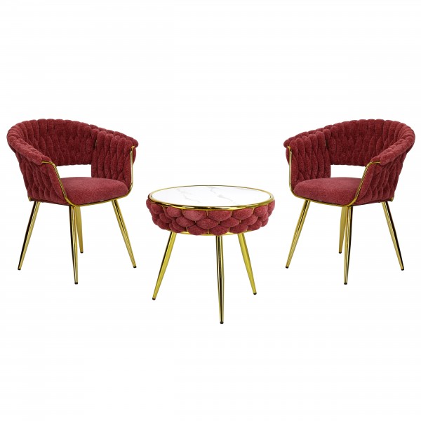 set tavolino 2 poltrone da interno vellutato imbottito con finitura in oro