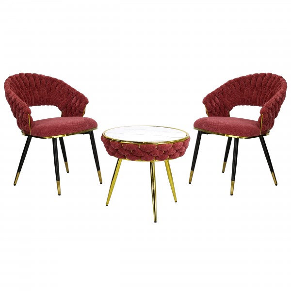 set tavolino e due poltrone vellutato imbottito con finitura in oro