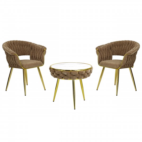 set da salotto tavolino 2 poltrone vellutato imbottito con finitura in oro