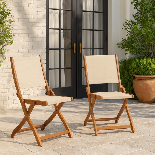 Vista ambientata Set 2 Pz Sedie pieghevoli in legno di Eucalipto e Textilene colore Bianco modllo Baharu Totò Piccinni