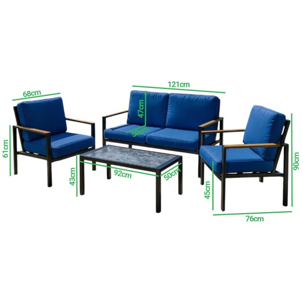 Specifica dimensioni Set da giardino in alluminio con divano 2 posti, 2 poltrone e tavolino con cuscini blu modello Riviera Totò Piccinni