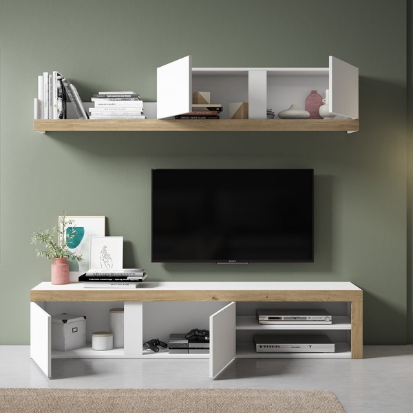Vista ambientata con cassetti aperti Parete Attrezzata Porta Tv colore "Rovere Naturale/Bianco Matt" modello Primula Totò Piccinni