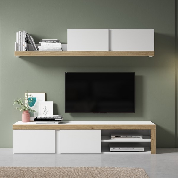 Vista ambientata Parete Attrezzata Porta Tv colore "Rovere Naturale/Bianco Matt" modello Primula Totò Piccinni
