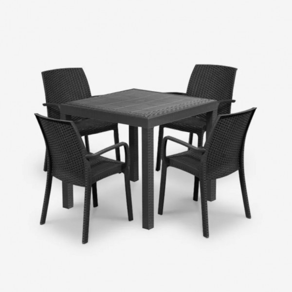 set pranzo tavolo dallas 80x80 con 4 sedie indiana con bracicoli in polipropilene simil rattan 